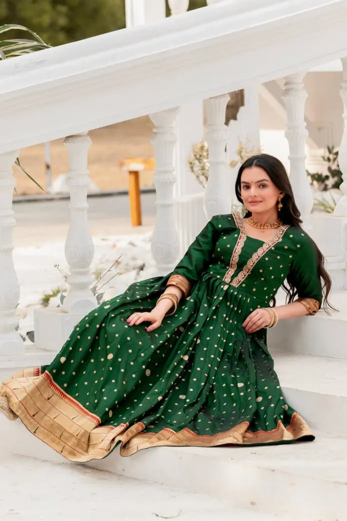 Green Paithani Silk Anarkali Gown with Zari Border