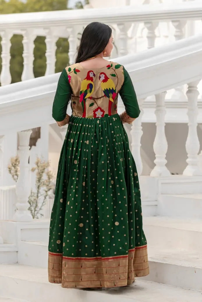Green Paithani Silk Anarkali Gown with Zari Border