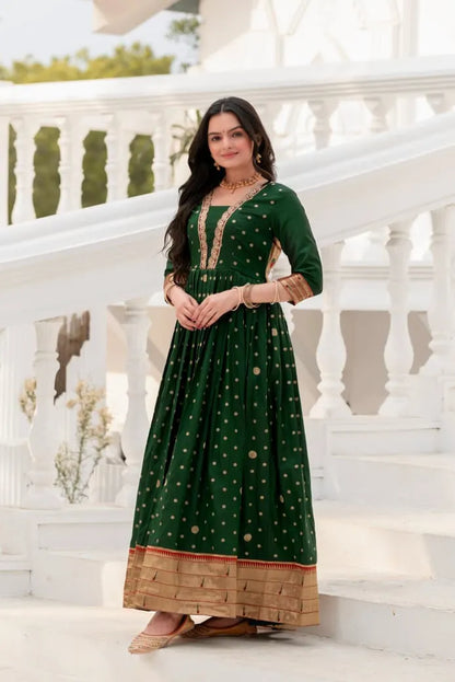 Green Paithani Silk Anarkali Gown with Zari Border