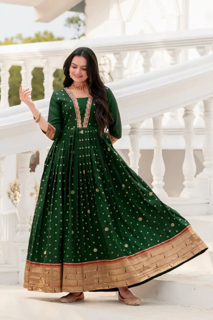 Green Paithani Silk Anarkali Gown with Zari Border
