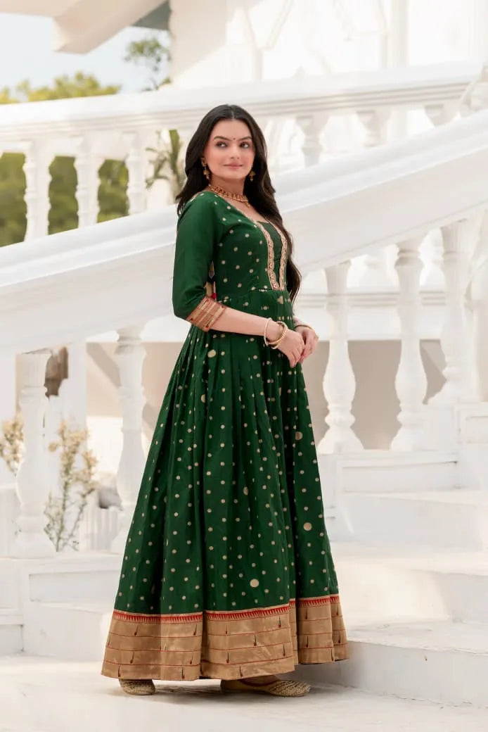 Green Paithani Silk Anarkali Gown with Zari Border