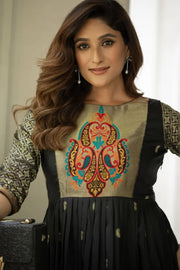 Premium Soft Silk 3.5 Meter Flared Zari Weaving Gown - Black