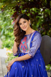 Premium Soft Silk 3.5 Meter Flared Zari Weaving Gown - Blue