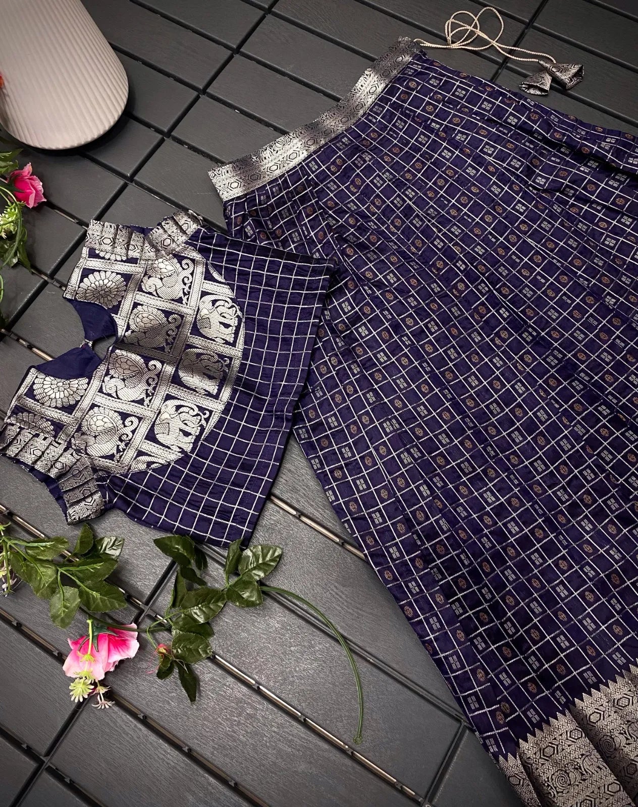 Soft Silk Kanchipuram Kids Crop Top Lehenga Set - Navy Blue