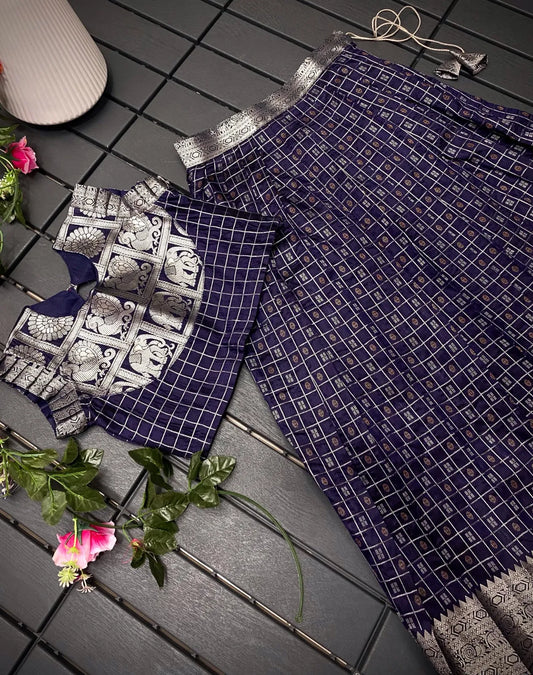 Soft Silk Kanchipuram Kids Crop Top Lehenga Set - Navy Blue