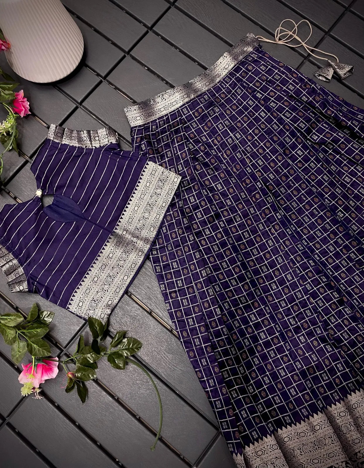 Soft Silk Kanchipuram Kids Crop Top Lehenga Set - Navy Blue