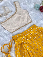 Kids Indo-Western Zari Polka One-Shoulder Top Skirt - Yellow