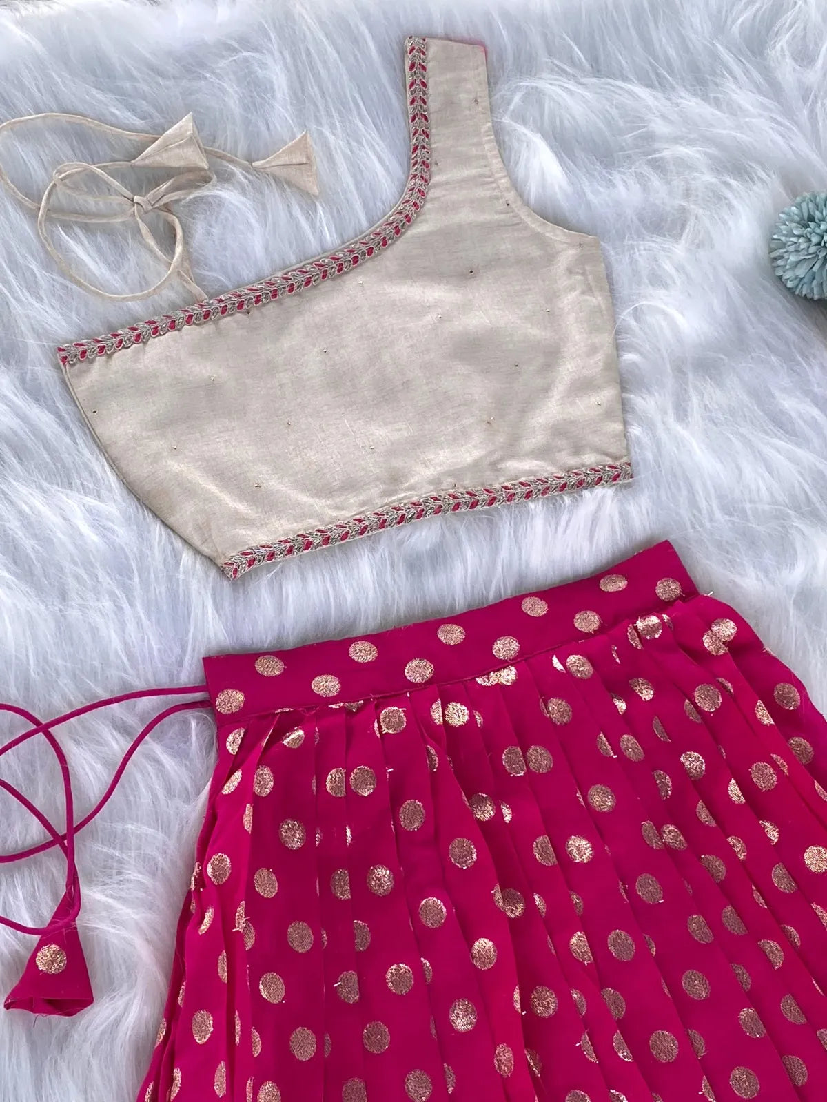 Kids Indo-Western Zari Polka One-Shoulder Top Skirt - Pink