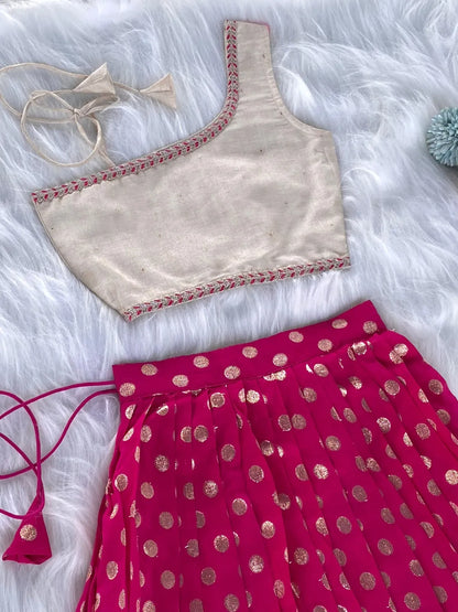 Kids Indo-Western Zari Polka One-Shoulder Top Skirt - Pink