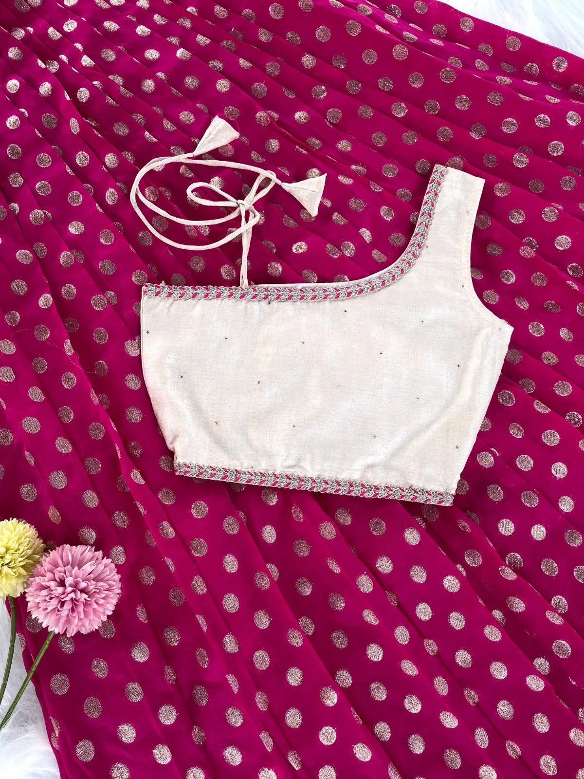 Kids Indo-Western Zari Polka One-Shoulder Top Skirt - Pink