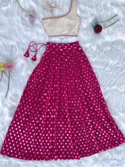 Kids Indo-Western Zari Polka One-Shoulder Top Skirt - Pink