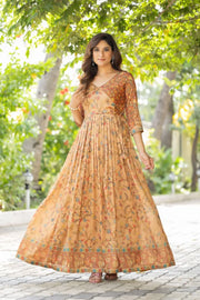 Silk Blend Floral Flared Gown with Heritage Border - Cream