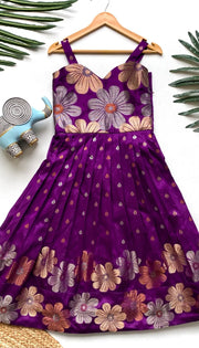 Girls Floral Zari Soft Silk Gown - Purple