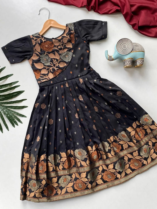 Girls Floral Zari Soft Silk Frock - Black