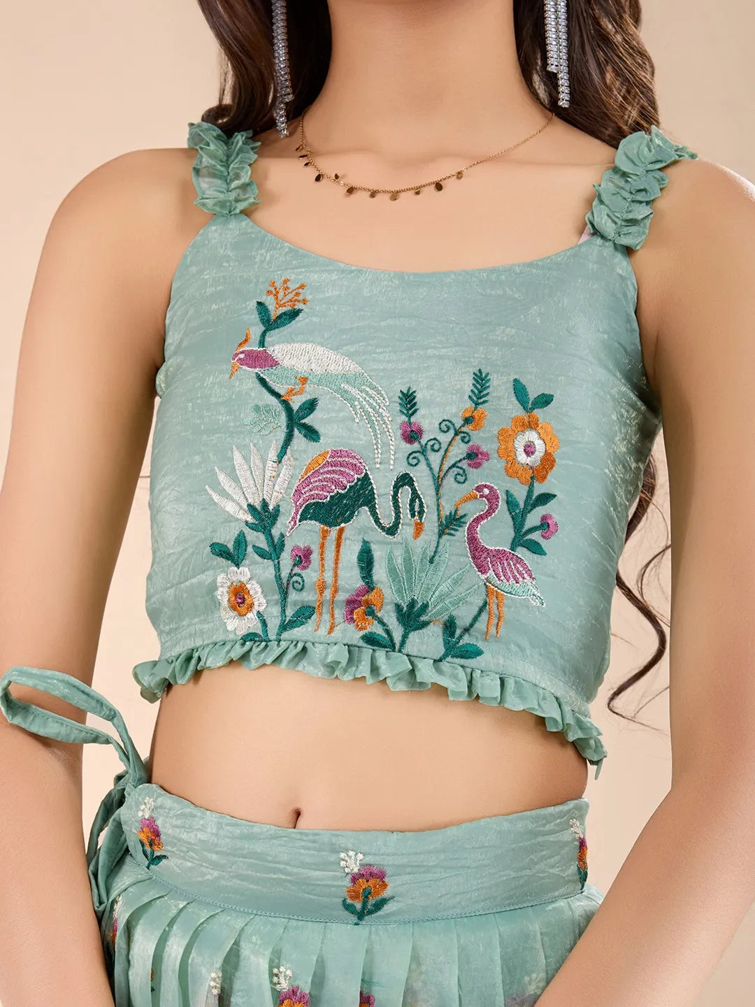 Kids Gold Crush Skirt Set with Bird Motif - Aqva