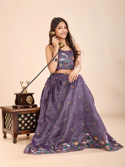 Kids Gold Crush Skirt Set with Bird Motif - Lavender