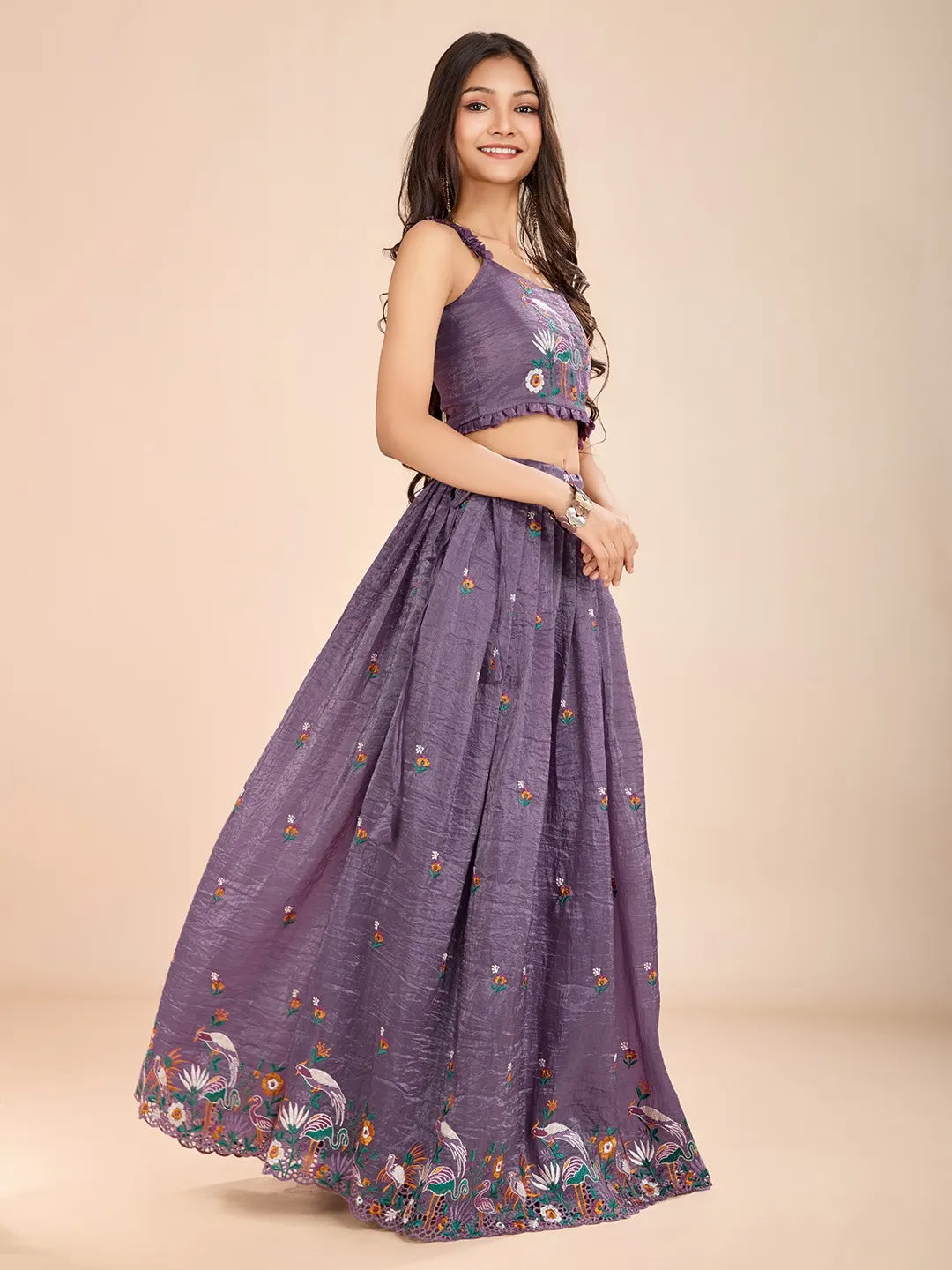 Kids Gold Crush Skirt Set with Bird Motif - Lavender