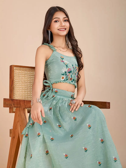 Kids Gold Crush Skirt Set with Bird Motif - Aqva