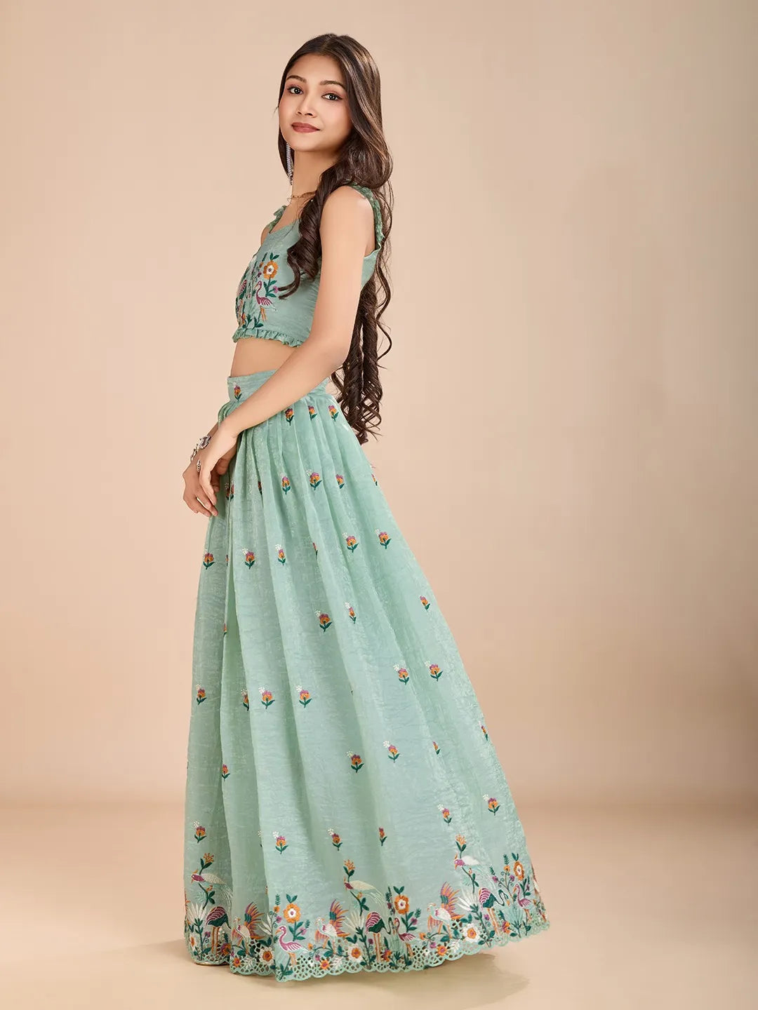 Kids Gold Crush Skirt Set with Bird Motif - Aqva