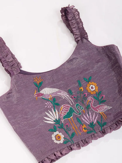 Kids Gold Crush Skirt Set with Bird Motif - Lavender