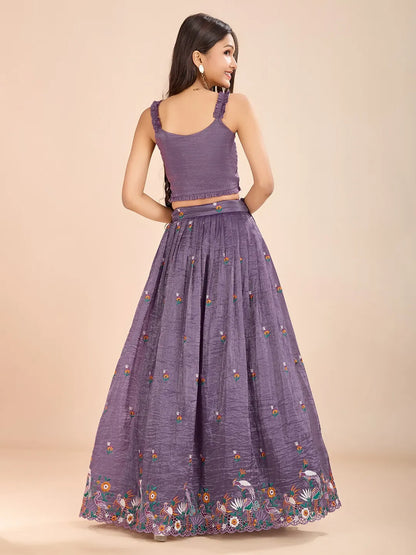 Kids Gold Crush Skirt Set with Bird Motif - Lavender