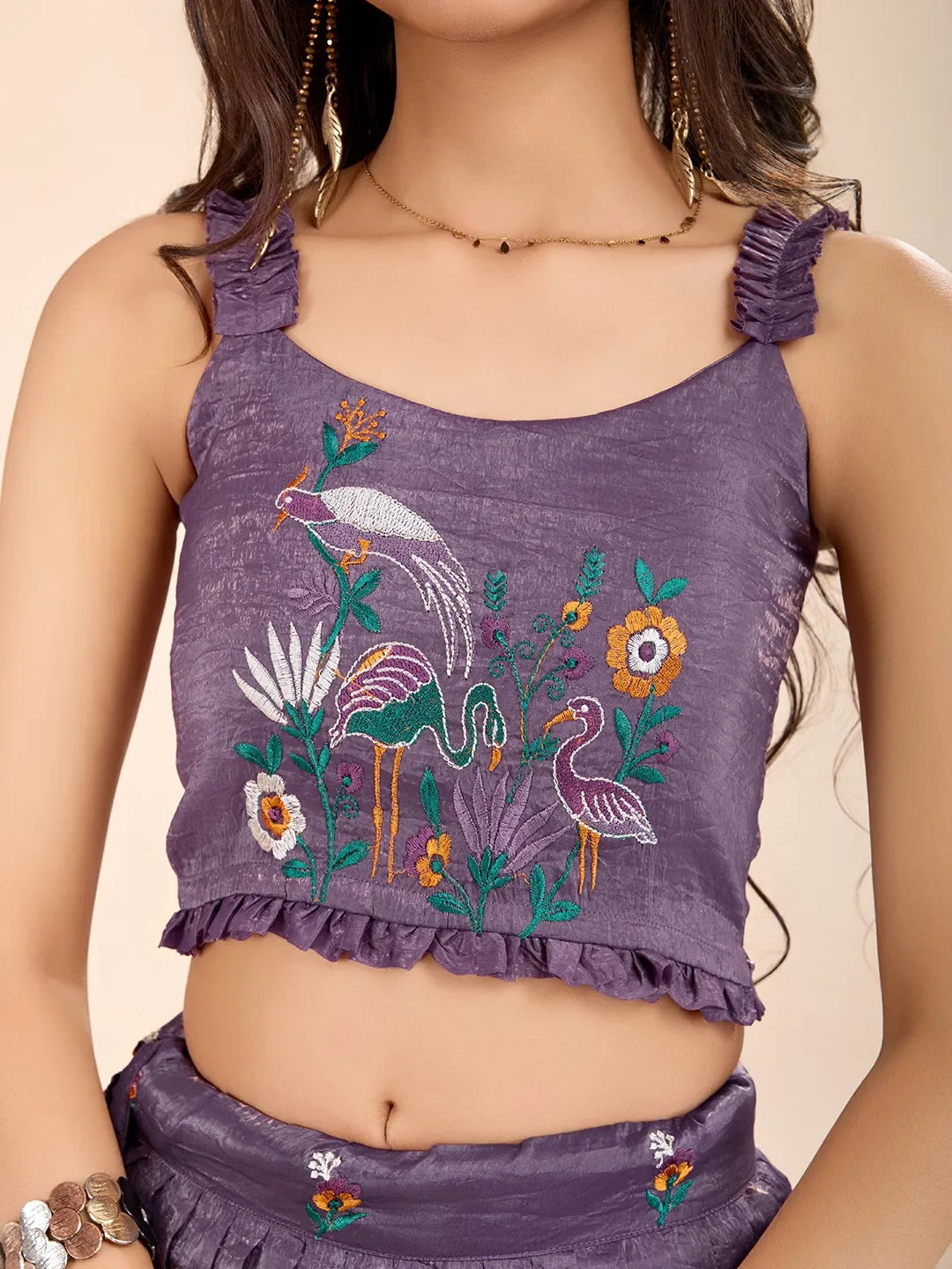 Kids Gold Crush Skirt Set with Bird Motif - Lavender