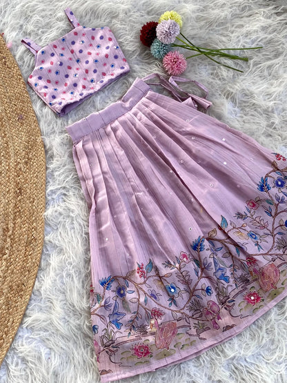 Kids Designer Handworked Skirt & Top Set - Lavender