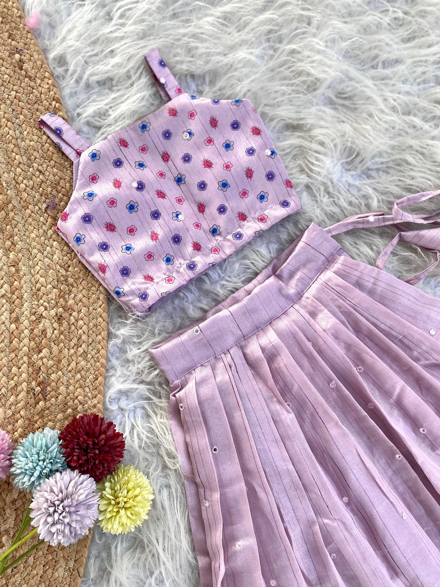 Kids Designer Handworked Skirt & Top Set - Lavender
