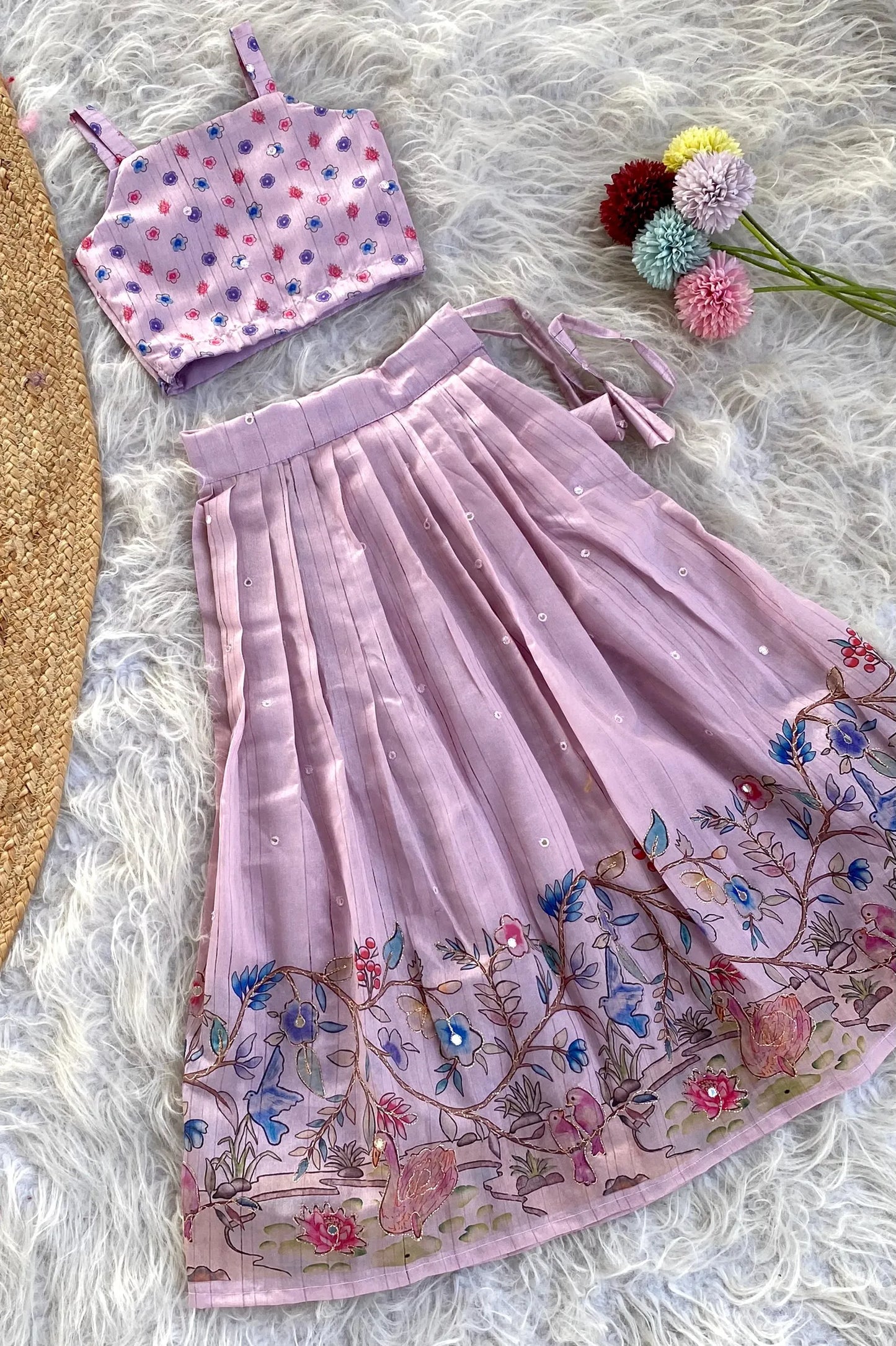 Kids Designer Handworked Skirt & Top Set - Lavender