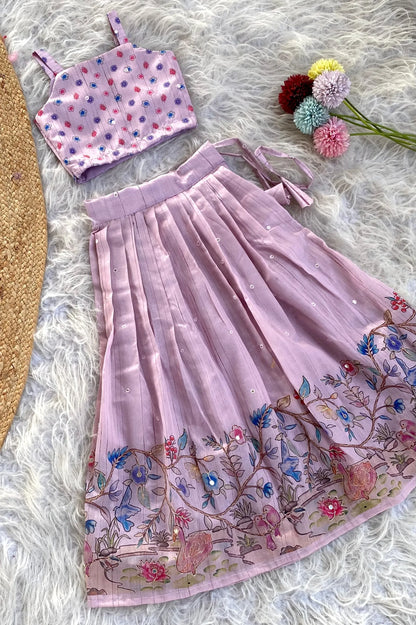Kids Designer Handworked Skirt & Top Set - Lavender