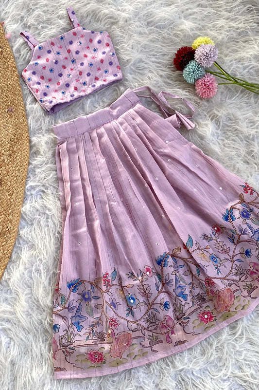 Kids Designer Handworked Skirt & Top Set - Lavender