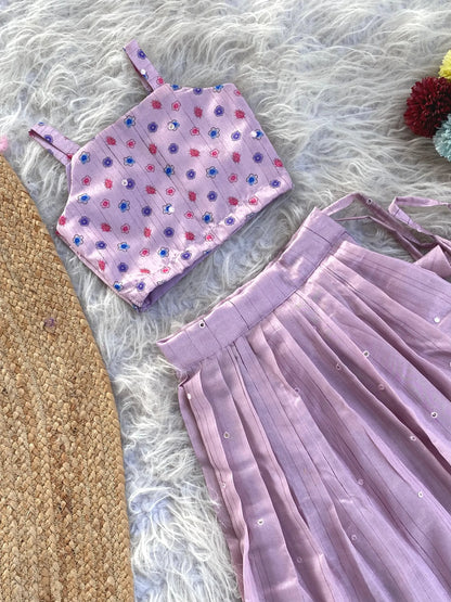 Kids Designer Handworked Skirt & Top Set - Lavender