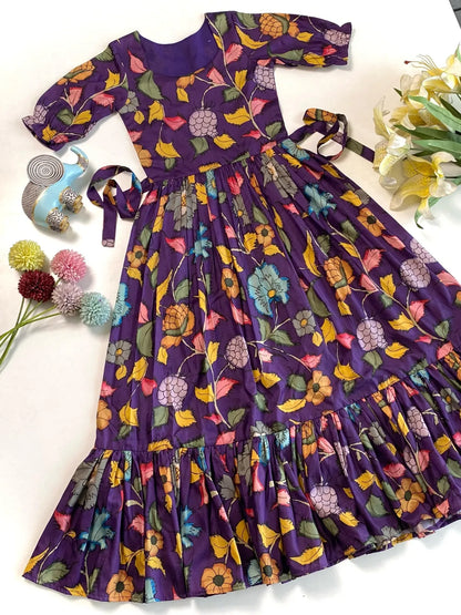 Girls Floral Printed Tiered Gown – Purple