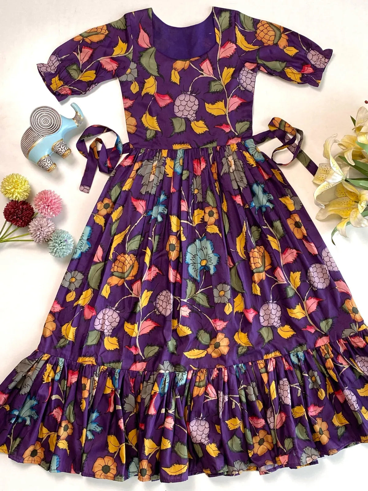 Girls Floral Printed Tiered Gown – Purple