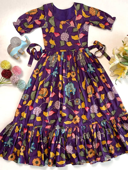 Girls Floral Printed Tiered Gown – Purple