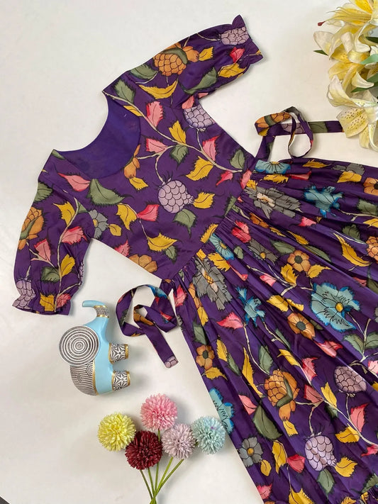 Girls Floral Printed Tiered Gown – Purple