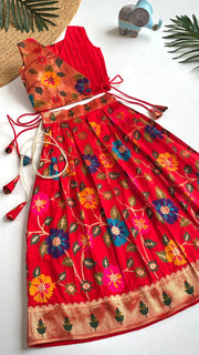 Girls Floral Brocade Lehenga Choli Set – Red