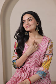 Kalamkari Print Strip Handcrafted Folk Art Border Gown - Pink