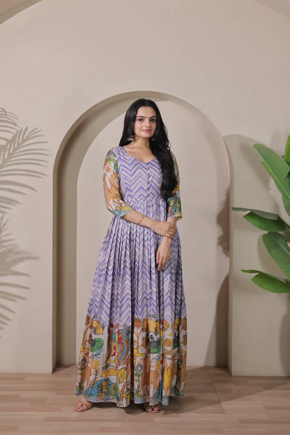Kalamkari Print Strip Handcrafted Folk Art Border Gown - Lavender