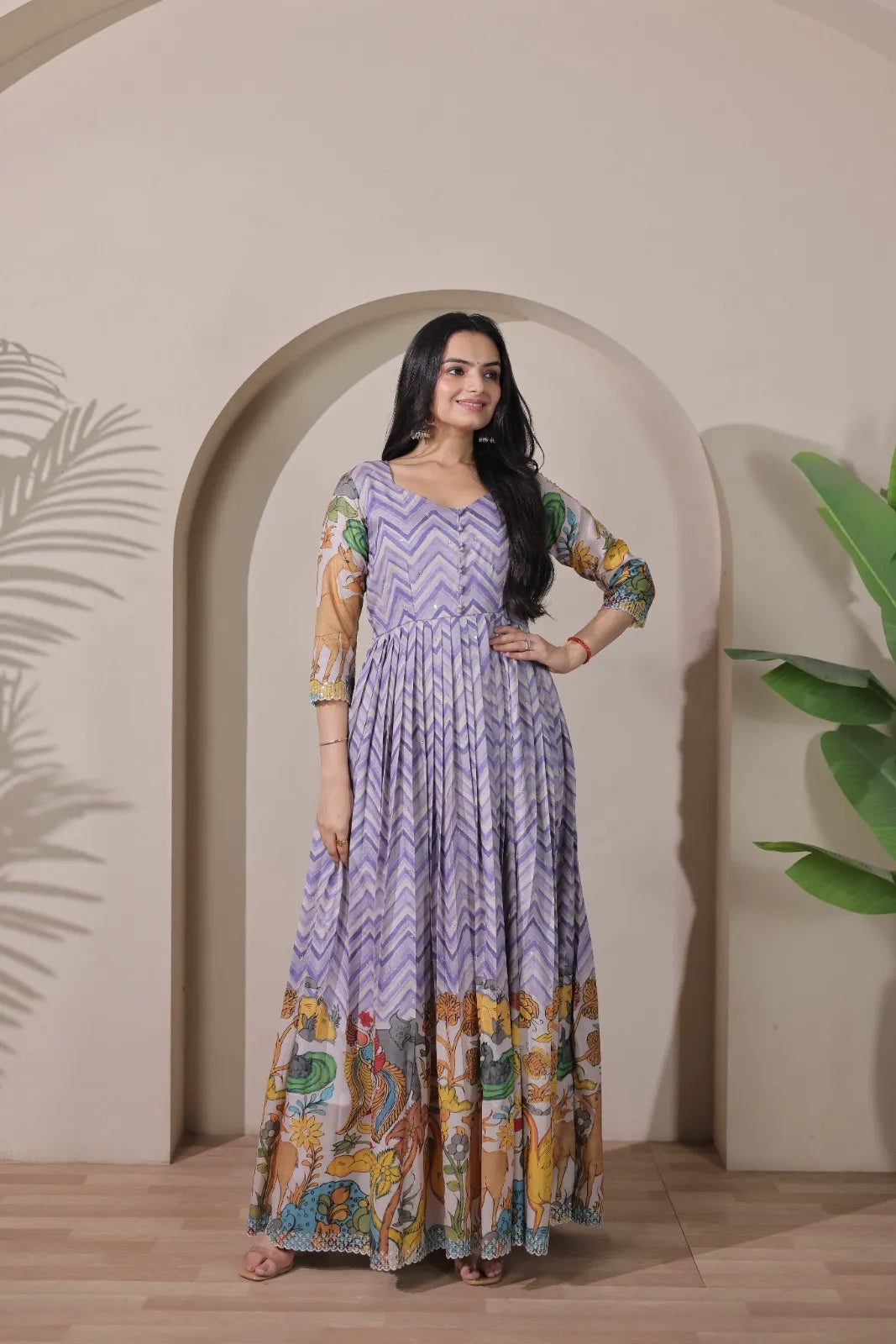 Kalamkari Print Strip Handcrafted Folk Art Border Gown - Lavender