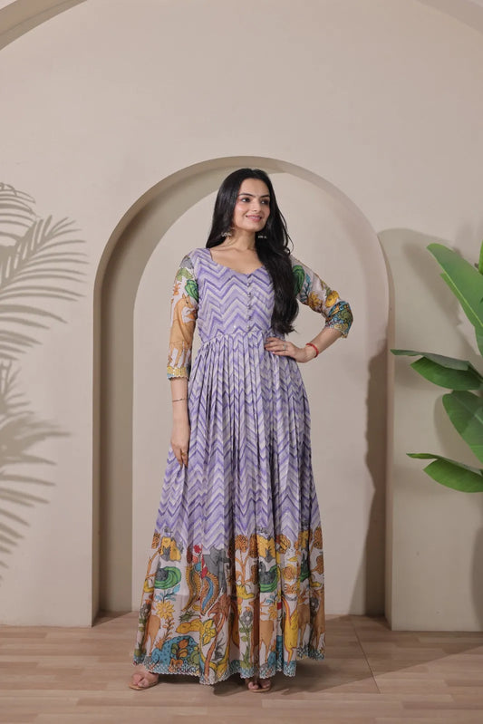 Kalamkari Print Strip Handcrafted Folk Art Border Gown - Lavender