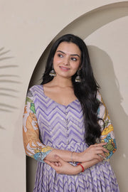 Kalamkari Print Strip Handcrafted Folk Art Border Gown - Lavender