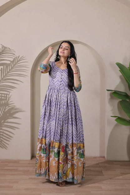 Kalamkari Print Strip Handcrafted Folk Art Border Gown - Lavender