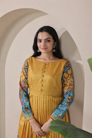 Tussar Silk Pen Kalamkari Flared Gown - Mustard
