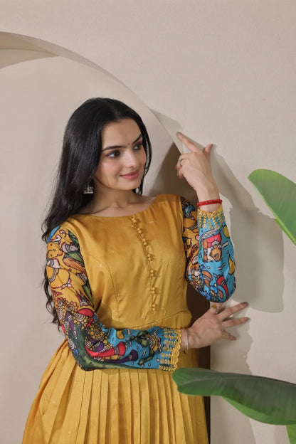 Tussar Silk Pen Kalamkari Flared Gown - Mustard