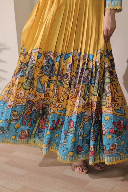 Tussar Silk Pen Kalamkari Flared Gown - Mustard