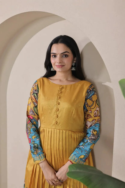 Tussar Silk Pen Kalamkari Flared Gown - Mustard