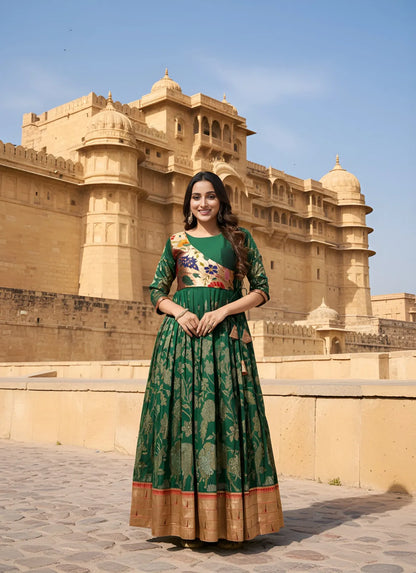 Green Paithani Gown Floral Woven Design | Festive & Wedding Wear