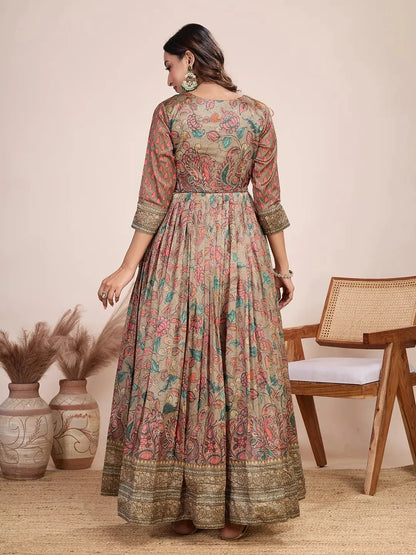 Anarkali Kalamkari Printed Floral Gown for Women - Grey
