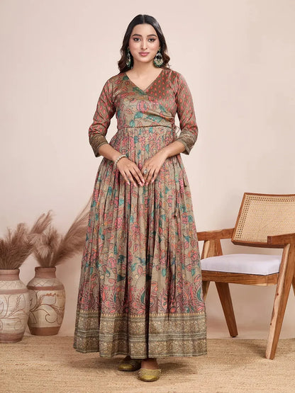 Anarkali Kalamkari Printed Floral Gown for Women - Grey